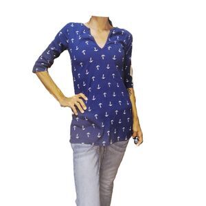 J.Crew Navy Blue White Pink Anchor Nautical Top Size XS | 3/4 Sleeve V-Neck